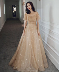 Champagne tulle long prom dress champagne formal dress