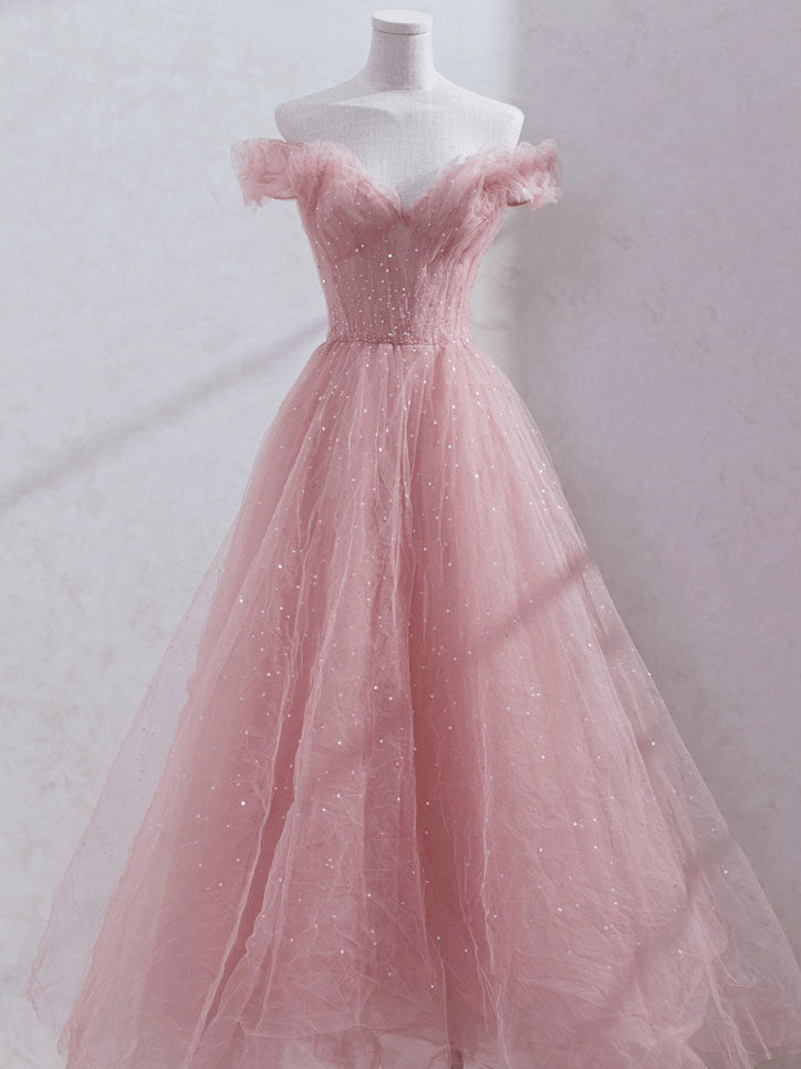 Pink off shoulder tulle tea length prom dress, pink tulle evening dres – toptby Pink off shoulder tulle tea length prom dress, pink tulle evening dres – toptby
