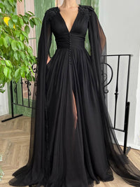 Aline Chiffon Black Long Prom Dress, V Neck Black Formal Evening Dresses