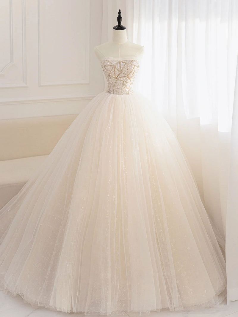 champagne tulle prom dress-toptby.com