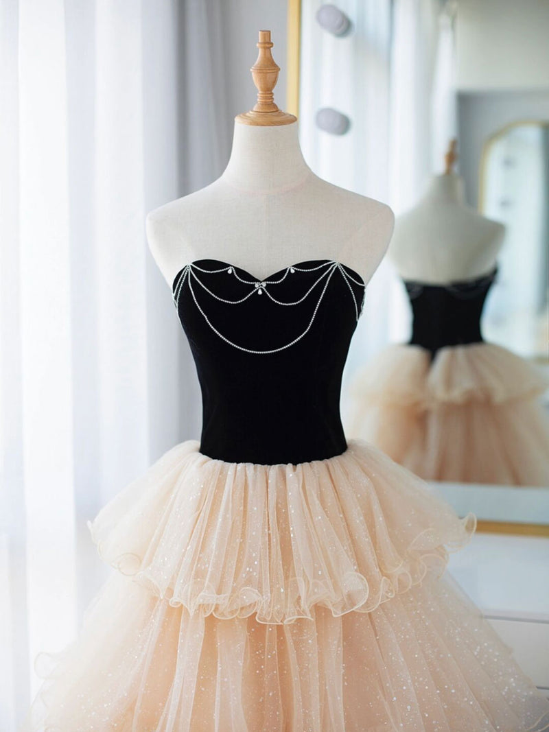 Champagne/Black Tulle Long Prom Dress, Champagne Formal Evening Dress