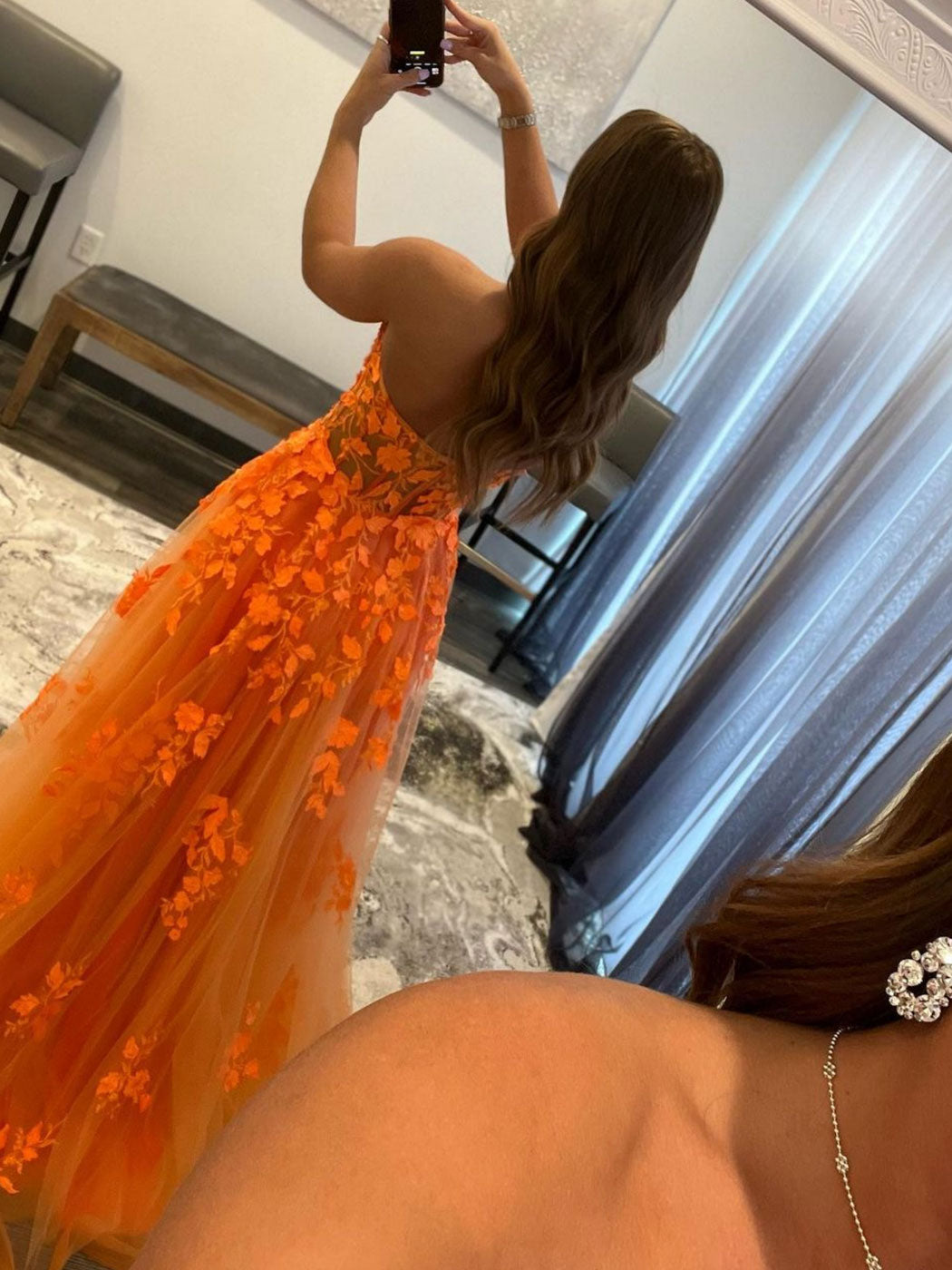 Orange A line tulle lace long prom dress, tulle formal dress
