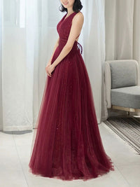 Simple v neck tulle sequin long prom dress A line burgundy evening dress