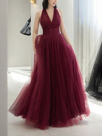 Simple v neck tulle sequin long prom dress A line burgundy evening dress