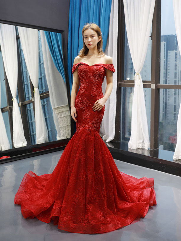 Burgundy lace tulle long prom dress, burgundy evening dress