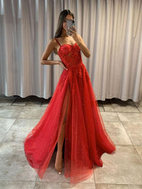 Red tulle lace long prom dress, red tulle lace evening dress