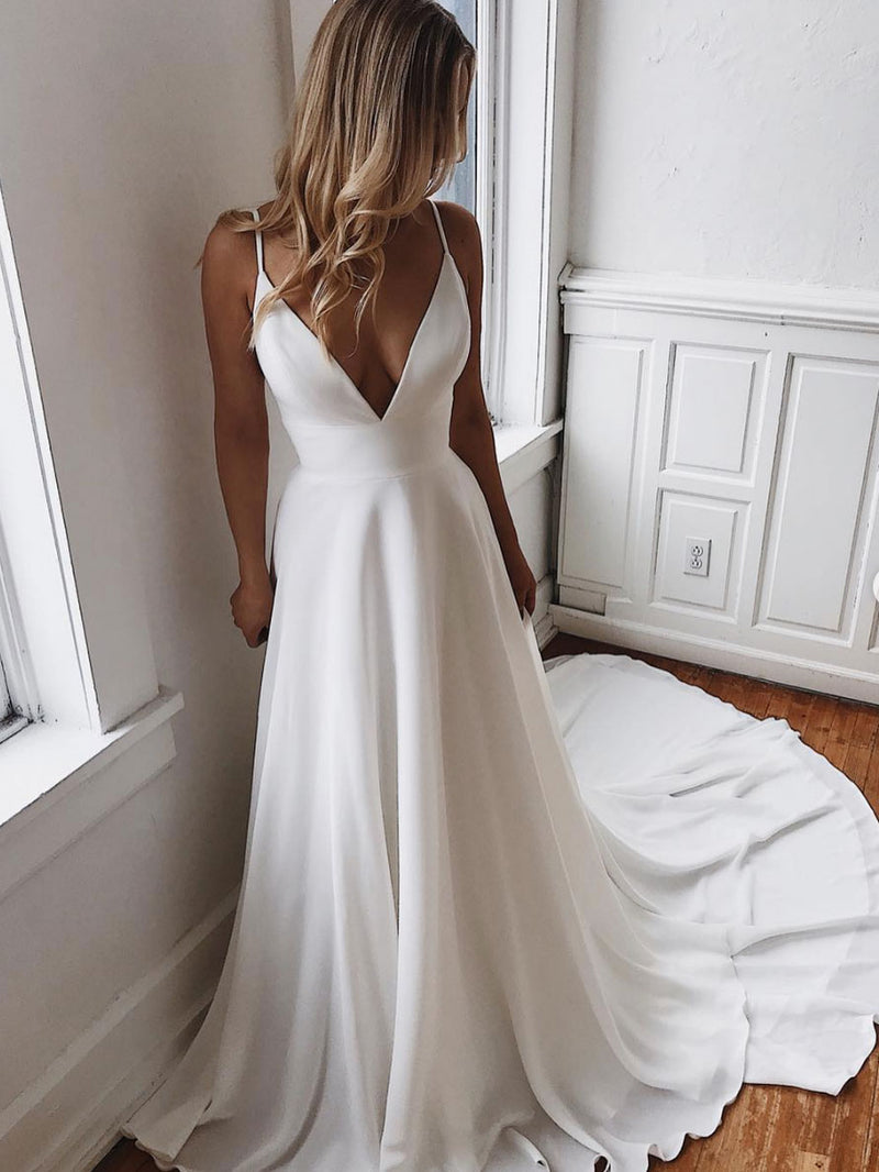 Simple white v neck long prom dress, white evening dress