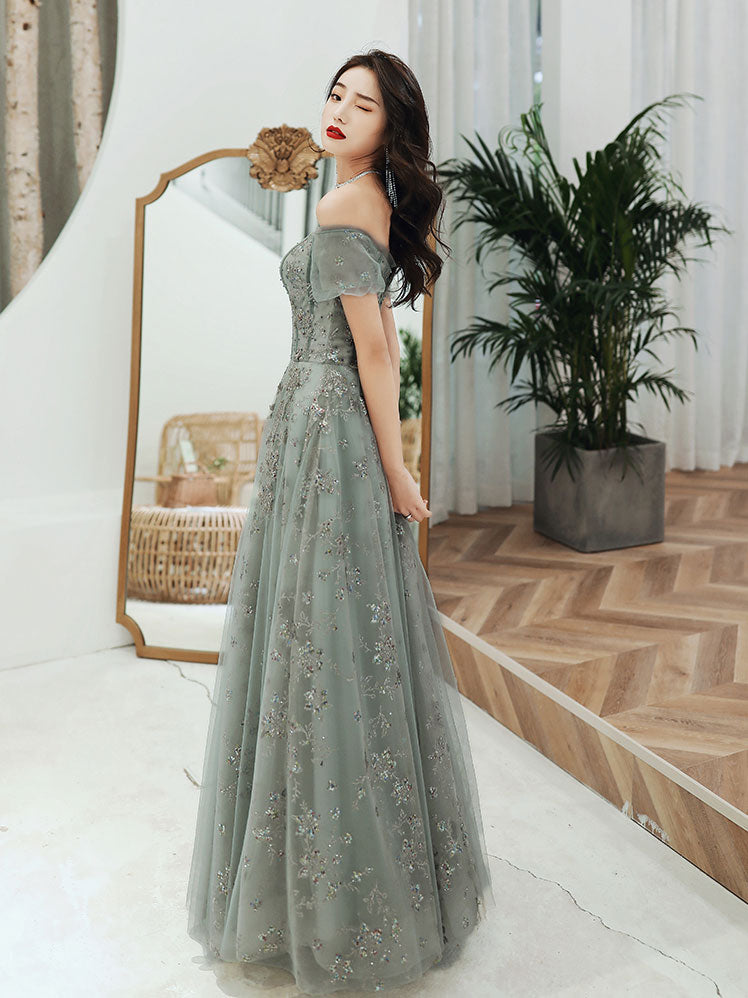 Gray green tulle lace long prom dress gray green evening dress Gray green tulle lace long prom dress gray green evening dress