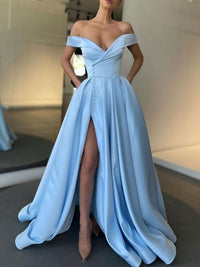 Simple blue off shoulder satin long prom dress, blue formal dress