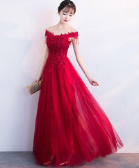 Burgundy v neck tulle lace long prom dress, burgundy tulle bridesmaid dress