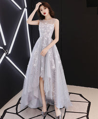 A line Hight Low Lace Prom Dresses, Gray Tulle Homecoming Dresses
