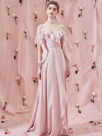 Pink chiffon long prom dress pink bridesmaid dress