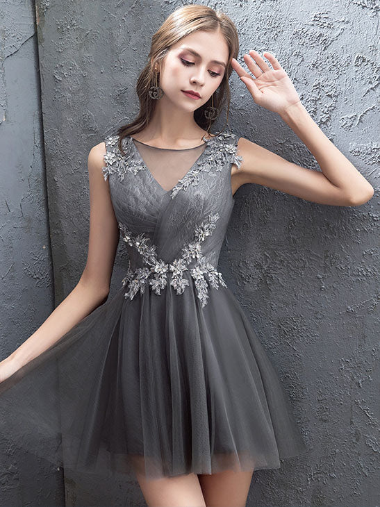 Cute gray tulle lace short prom dress, homecoming dress
