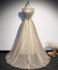 Champagne round neck tulle sequin long prom dress tulle formal dress