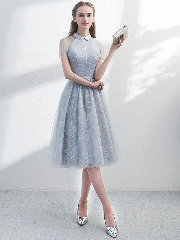 Cute gray tulle lace short prom dress, gray evening dress