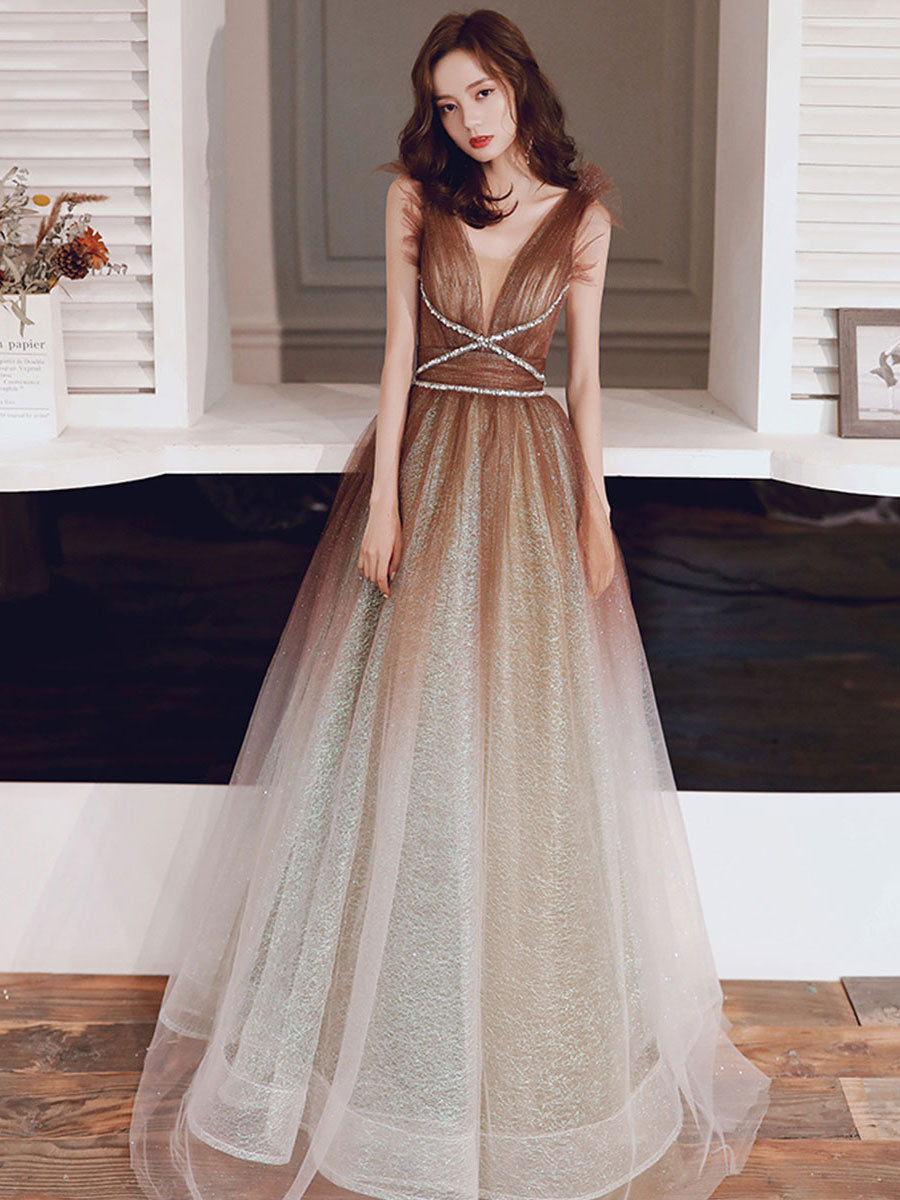 A-line tulle v neck sequin long prom dress tulle formal dress toptby A-line tulle v neck sequin long prom dress tulle formal dress toptby