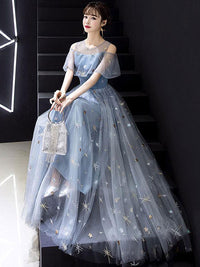 Blue tulle lace long prom dress, blue formal dress