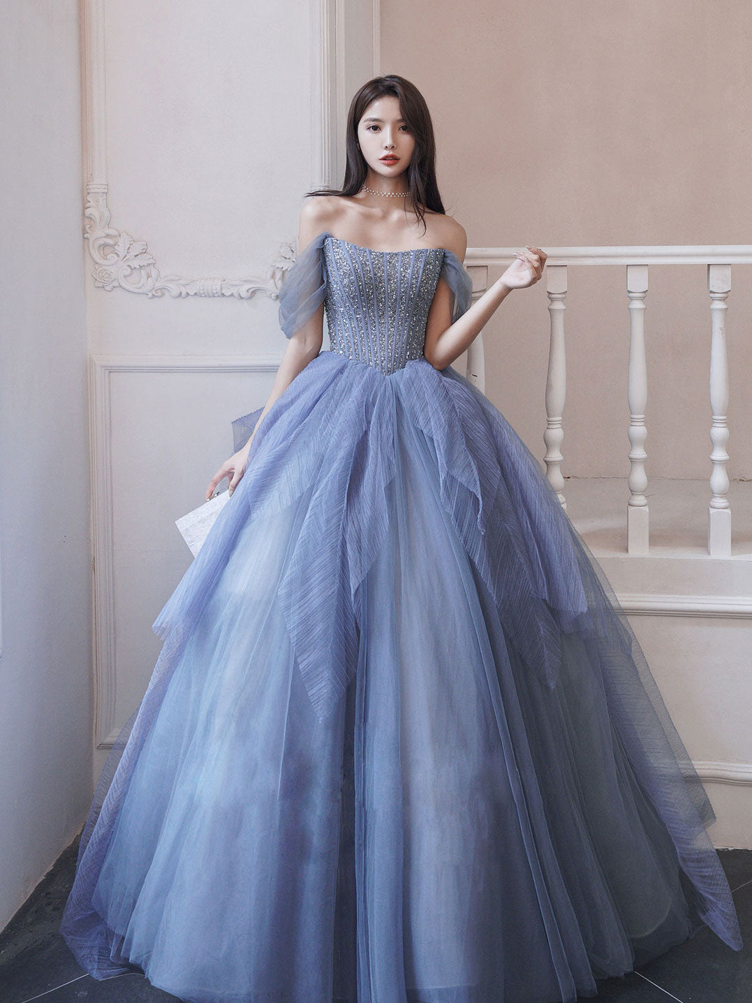 Blue tulle sequin long prom dress, blue tulle formal dress