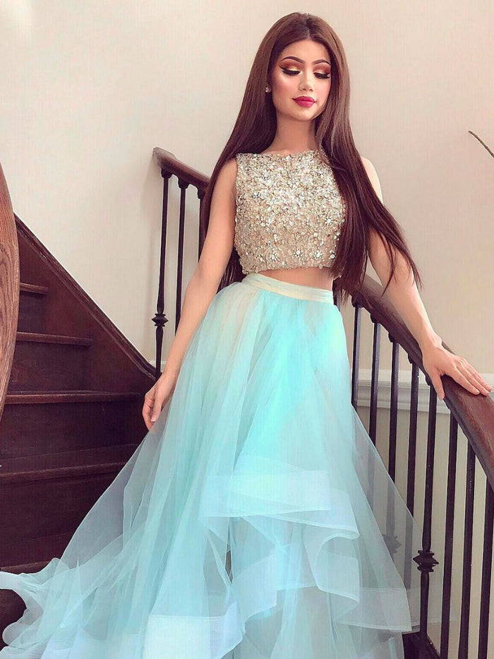 Blue tulle two pieces sequin long prom dress, tulle evening dress