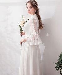 White high neck tulle lace long prom dress bridesmaid dress