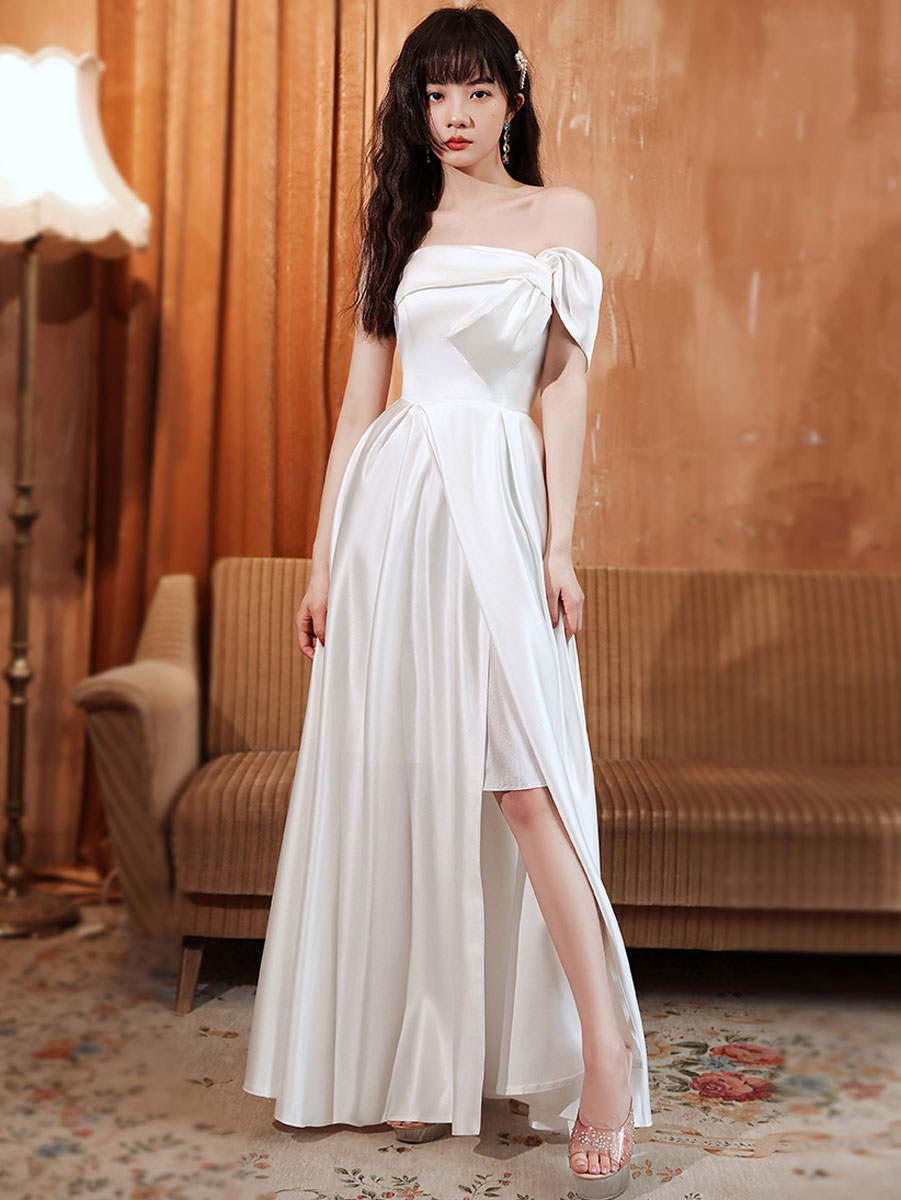 Simple white satin long prom dress, white long bridesmaid dress
