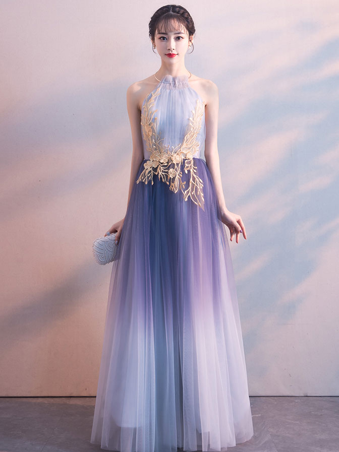Unique lace applique tulle long prom dress, tulle evening dress