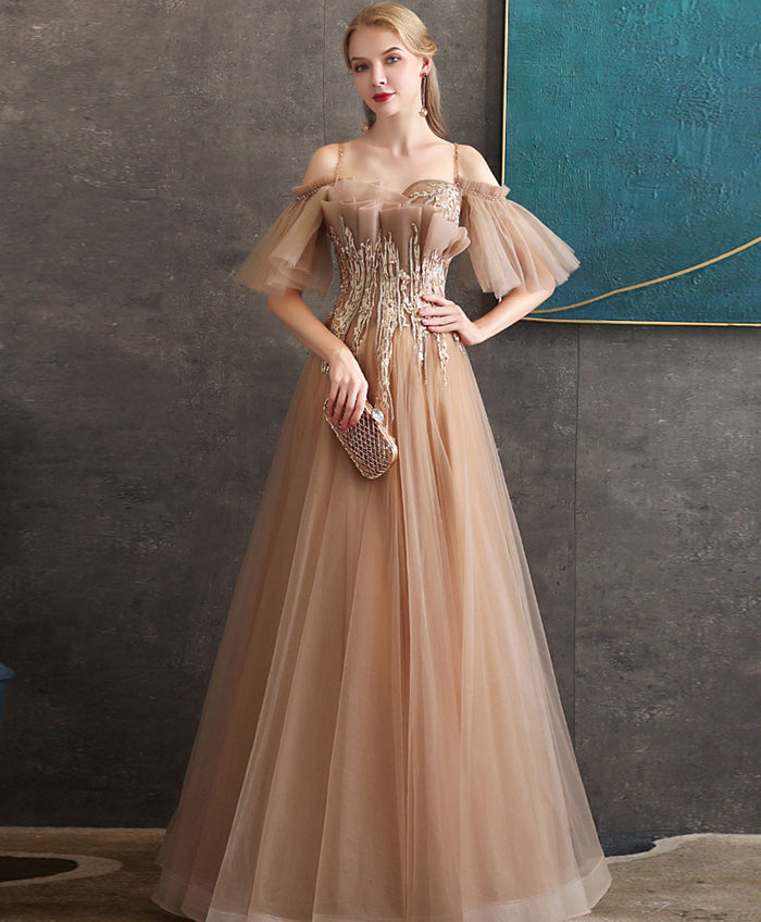 Champagne tulle lace long prom dress tulle formal dress