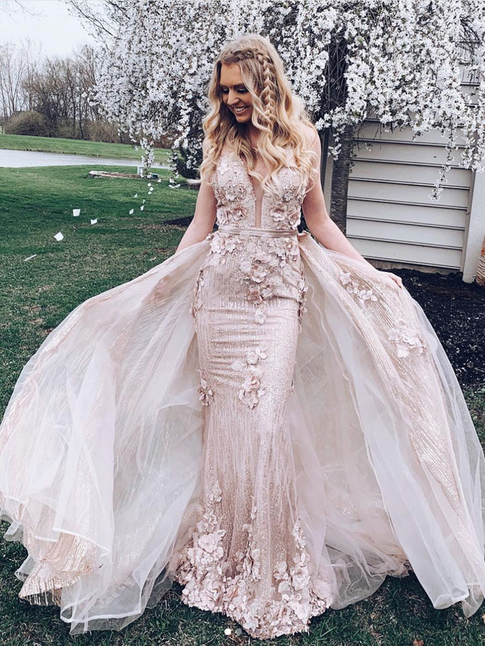 Unique tulle lace long prom dress, tulle lace evening dress