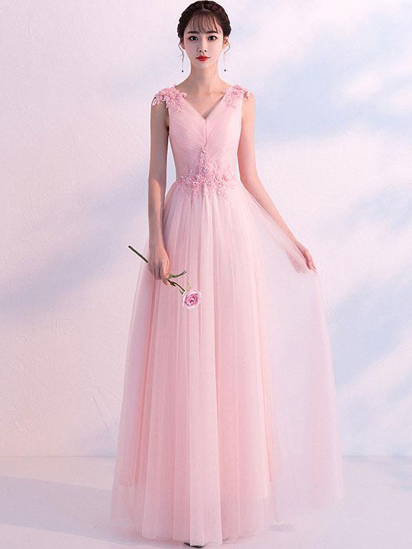 Pink v neck tulle long prom dress, pink tulle bridesmaid dress