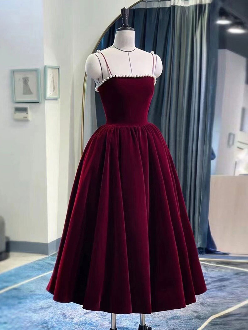 Burgundy Velvet tea length prom dress, burgundy evening dress