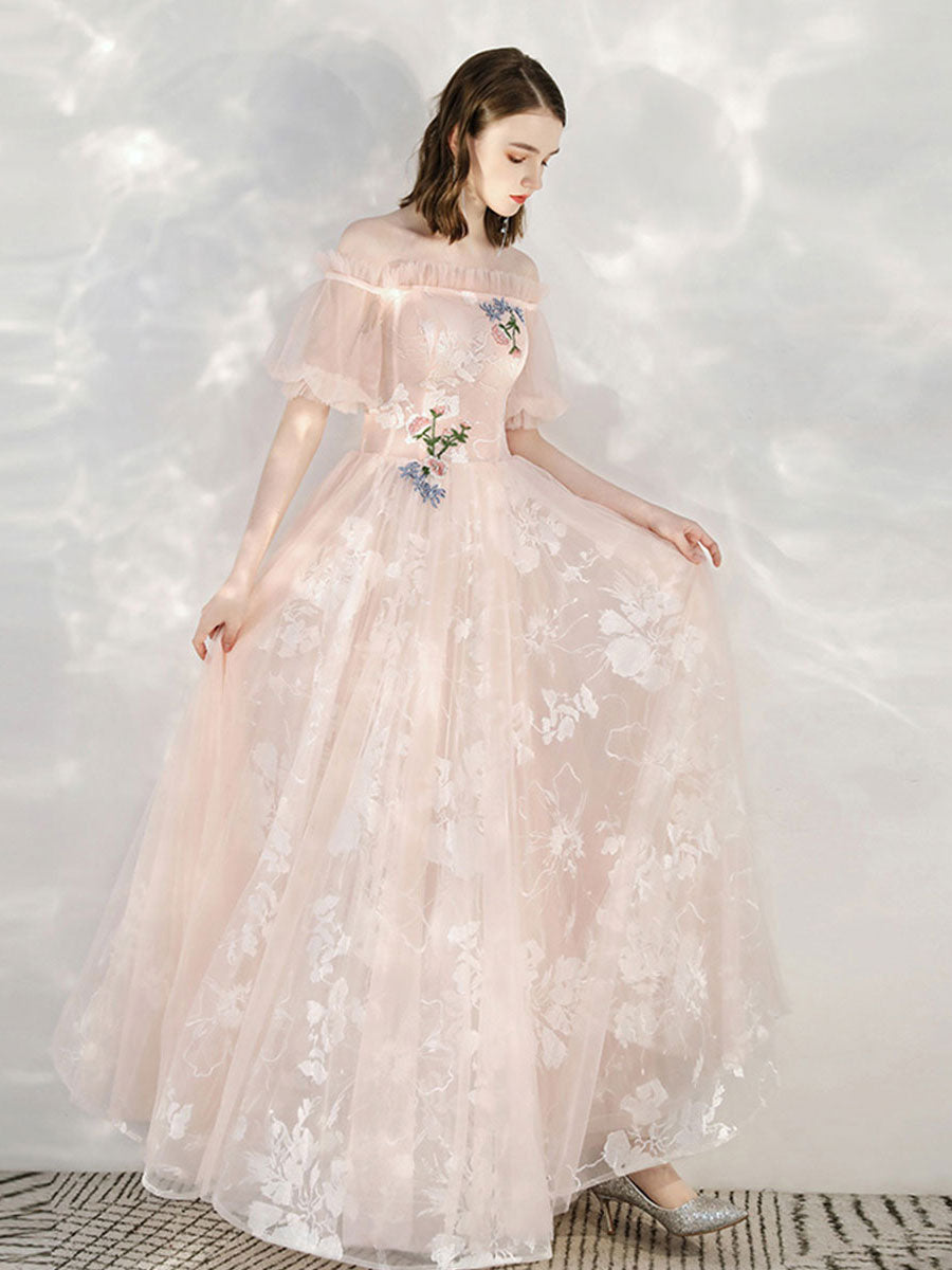 long pink sweet 16 dresses Pink Off Shoulder Tulle Lace Applique Long Prom Dress, Pink Sweet 16 D