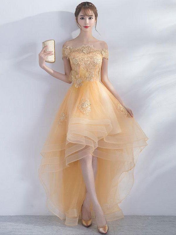 short champagne prom dress Cute Short Champagne Satin Party Dress,Off Shoulder Prom Dress