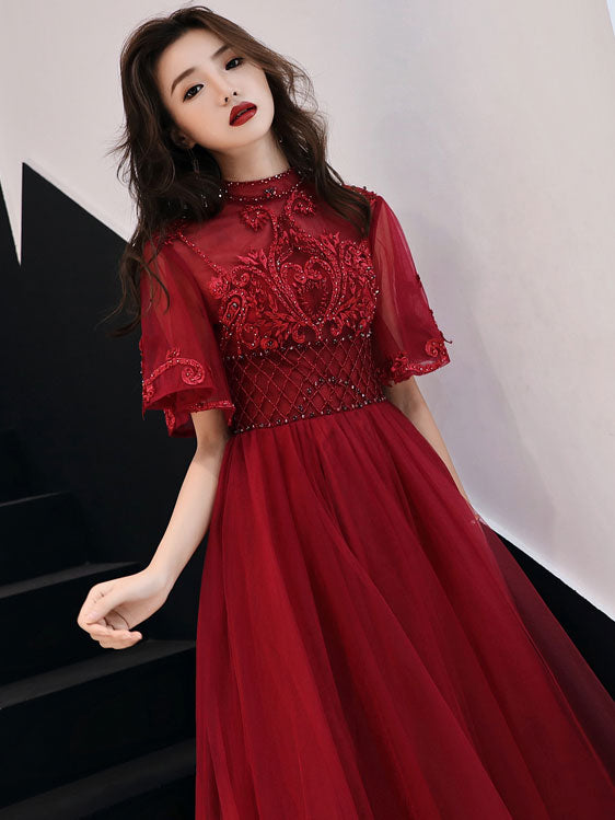 Burgundy tulle lace long prom dress, burgundy evening dress
