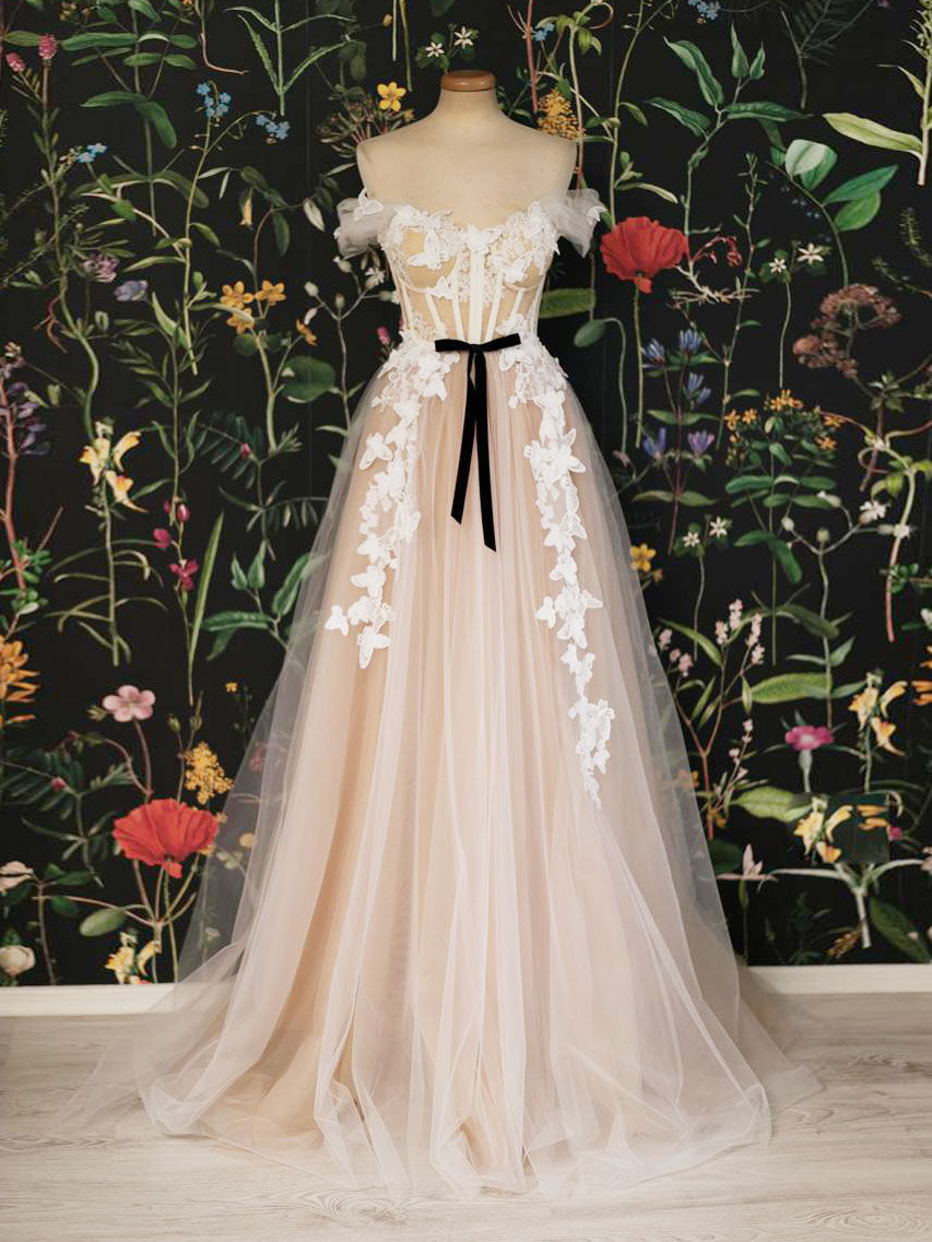 Champagne off shoulder tulle lace long prom dress, formal dress