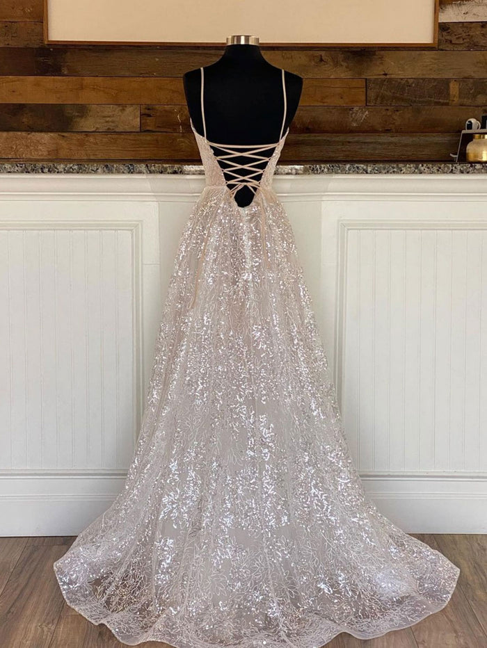 Simple A line v neck tulle sequin long prom dress, tulle formal dress