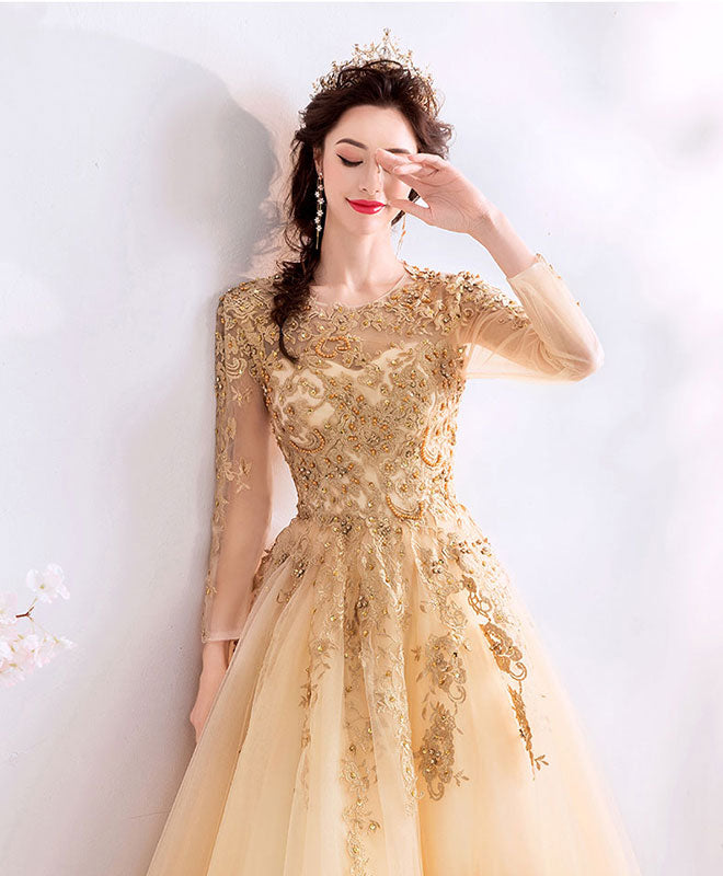 Champagne tulle lace long prom dress champagne evening dress