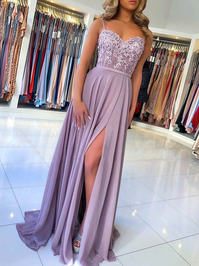 Elegant chiffon lace long prom dress, chiffon evening dress