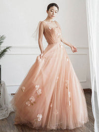 Pink tulle lace long prom dress, pink tulle formal dress