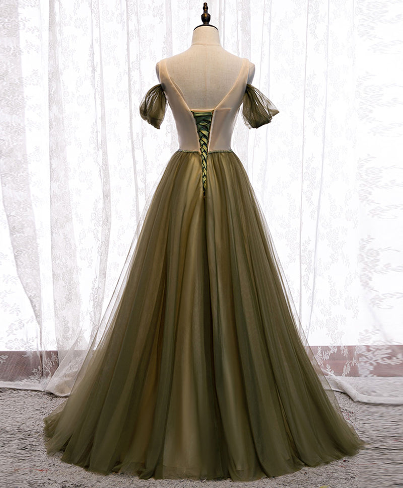 Simple green v neck tulle long prom dress green evening dress