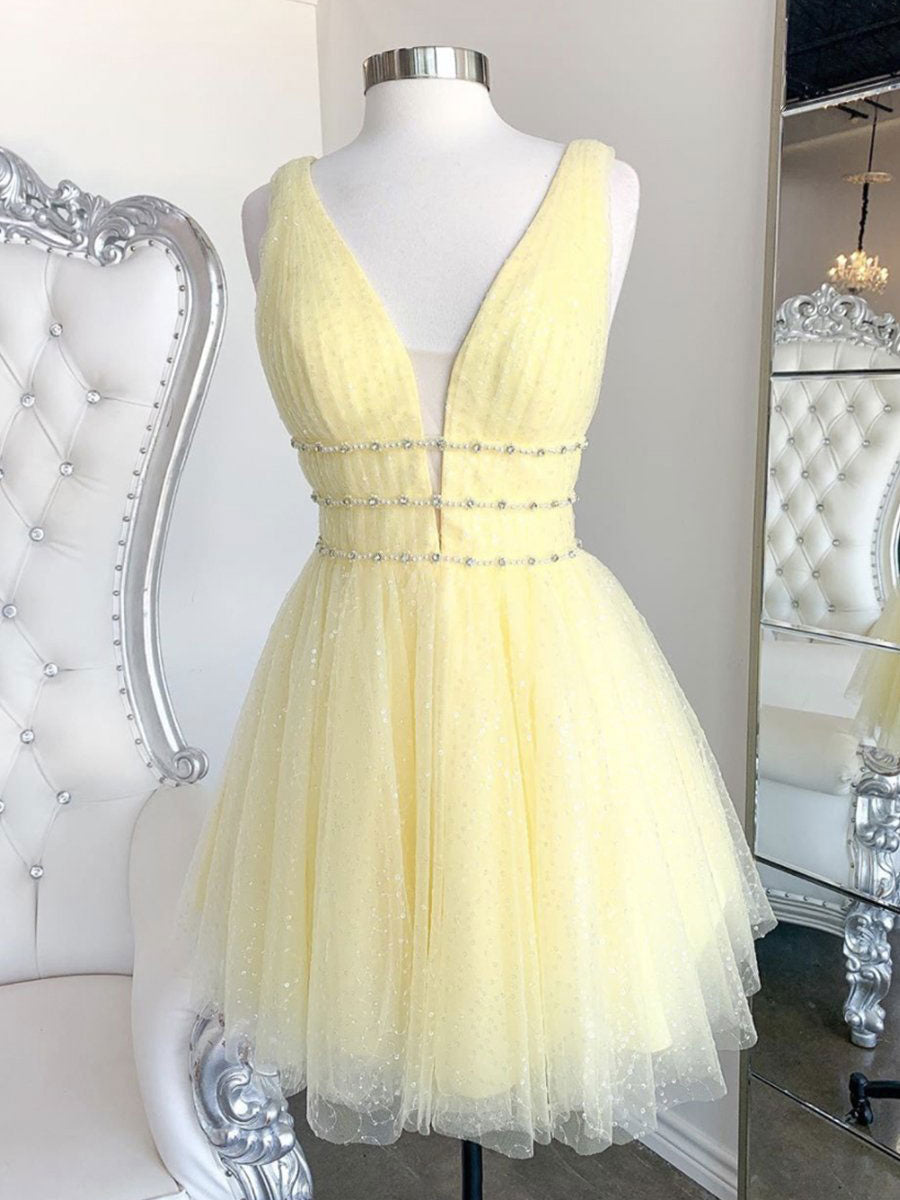 Yellow v neck tulle sequin short prom dress yellow formal dress toptby Yellow v neck tulle sequin short prom dress yellow formal dress toptby