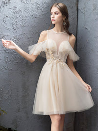 Cute champagne tulle short prom dress, tulle homecoming dress