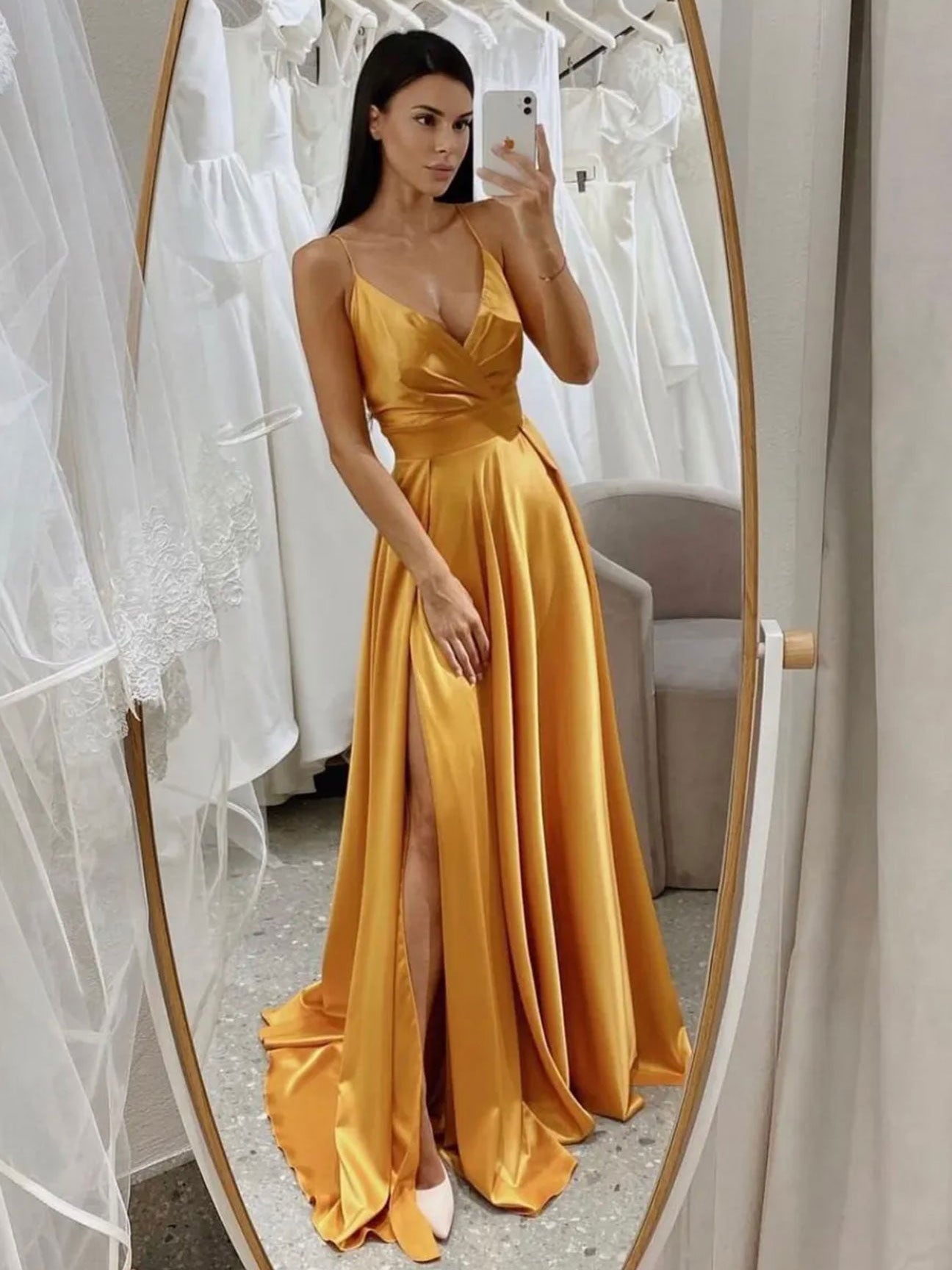 One Shoulder Yellow Satin Long Prom Dresses with High Slit, One Should –  Eip Collection