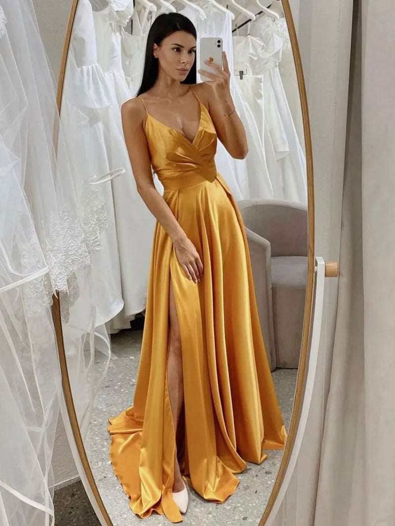 Simple v neck yellow satin long prom dress yellow evening dress