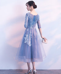 Blue round neck tulle lace short prom dress, blue homecoming dress