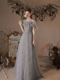 Gray tulle off shoulder long prom dress, gray tulle evening dress