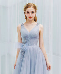 Gray v neck tulle lace long prom dress gray tulle formal dress