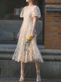 Cute beige lace short prom dress, beige lace bridesmaid dress