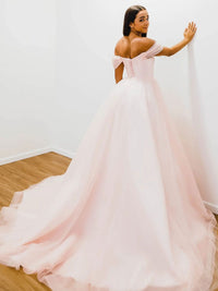 Pink off shoulder tulle long prom dress, pink tulle formal dress