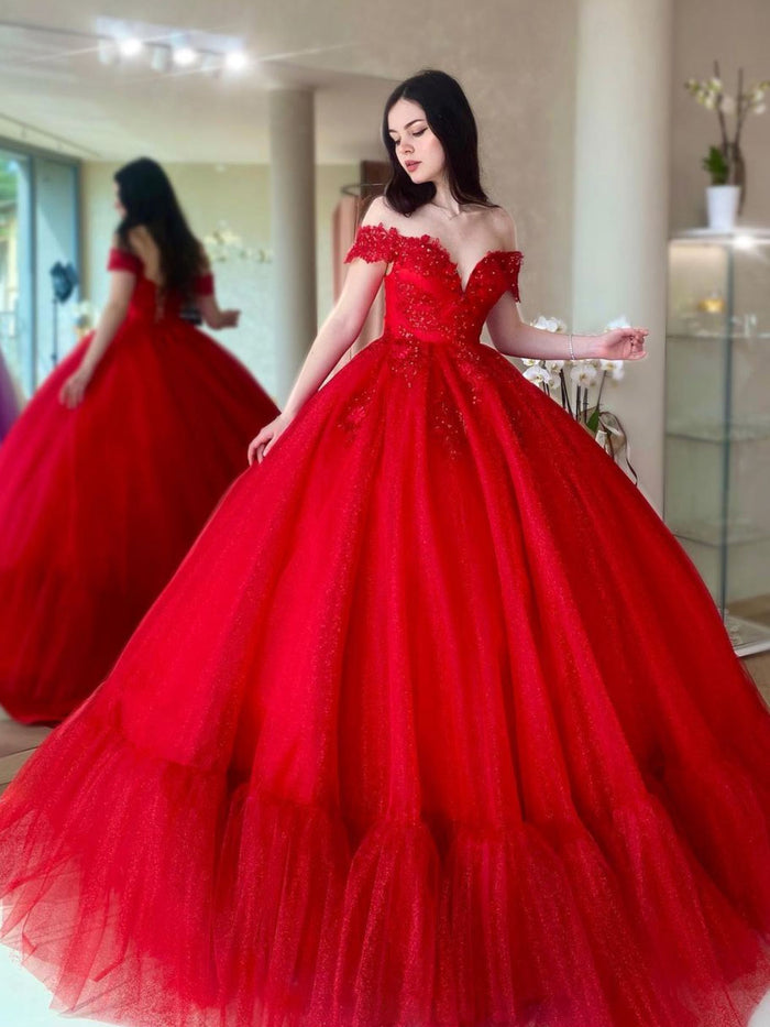 Sweetheart Neck Ball Gown Red Long Prom Dress, Red Lace Formal Graduation Dress