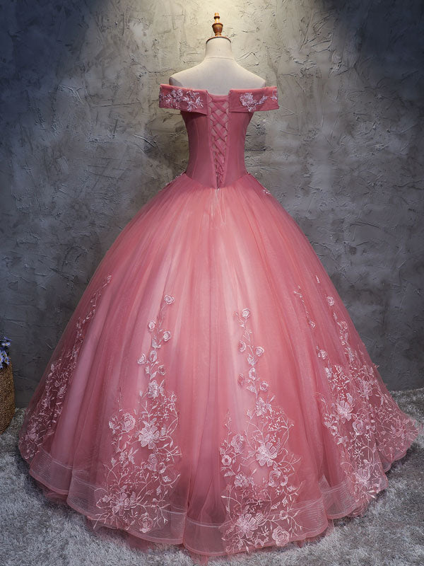 Pink sweetheart neck tulle off shoulder long prom gown pink evening dress